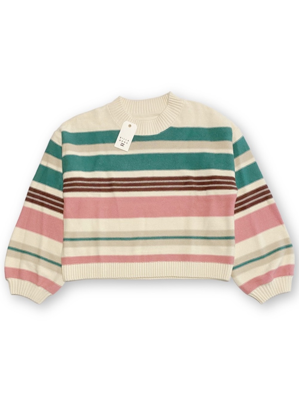 Billabong Girls Med Striped Cotton Balloon Sleeve Sweater Cream Pink Teal Knit